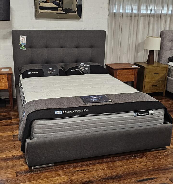 Leeds custom upholstered bed with deluxe base - discounted display model Leeds custom upholstered bed with deluxe base - discounted display model