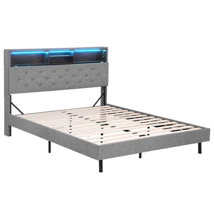 Bed Frame Double Size LED Mattress Base Platform with Storage Shelf Hidden Storage Box Grey Bed Frame Double Size LED Mattress Base Platform with Storage Shelf Hidden Storage Box Grey