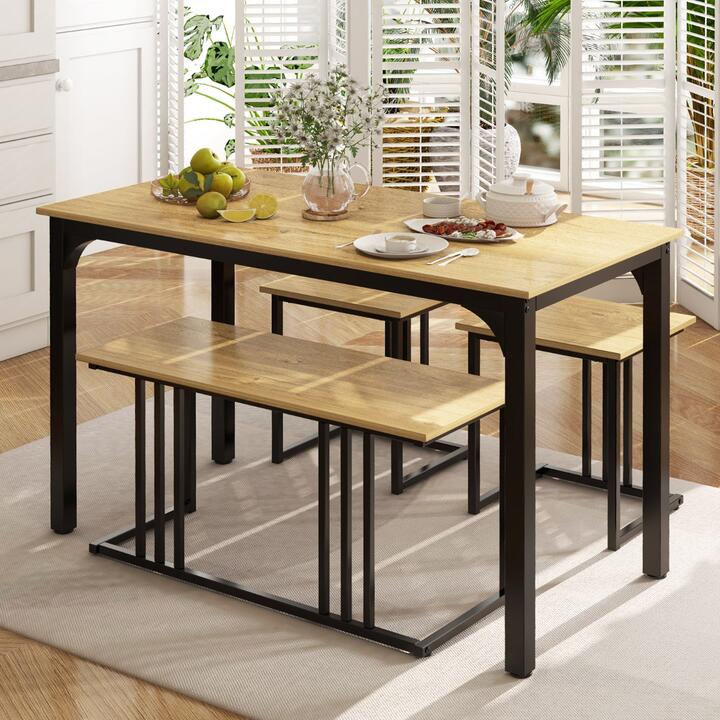 Costway4 Piece Dining Table Set with Bench and 2 Stools for 4 Persons-Natural Costway4 Piece Dining Table Set with Bench and 2 Stools for 4 Persons-Natural